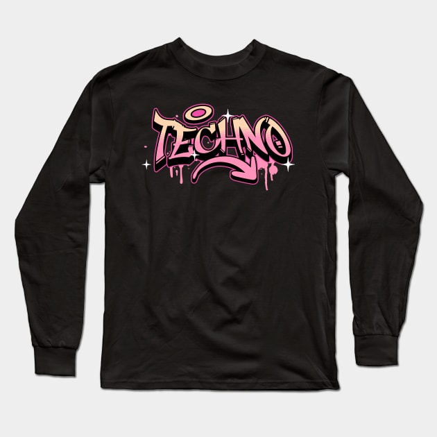 TECHNO  - Graffiti Tech (pink/orange) Long Sleeve T-Shirt by DISCOTHREADZ 